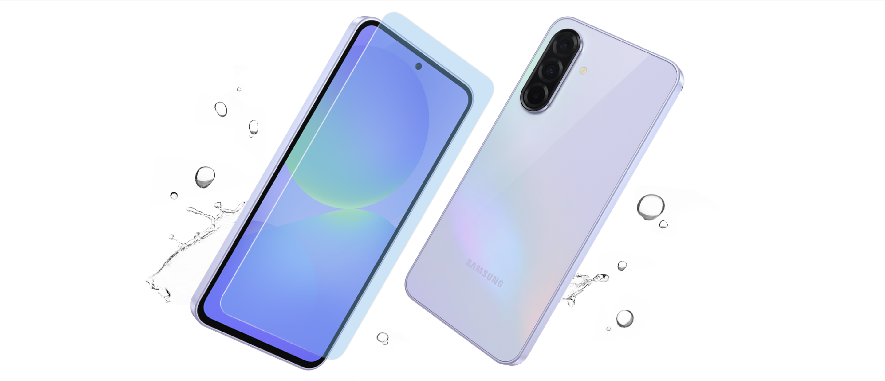 Device displayed from both sides with available 4 colours in a background of water drops
