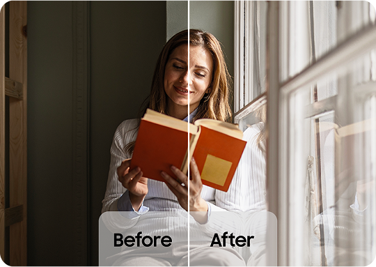 Woman reading next to a window