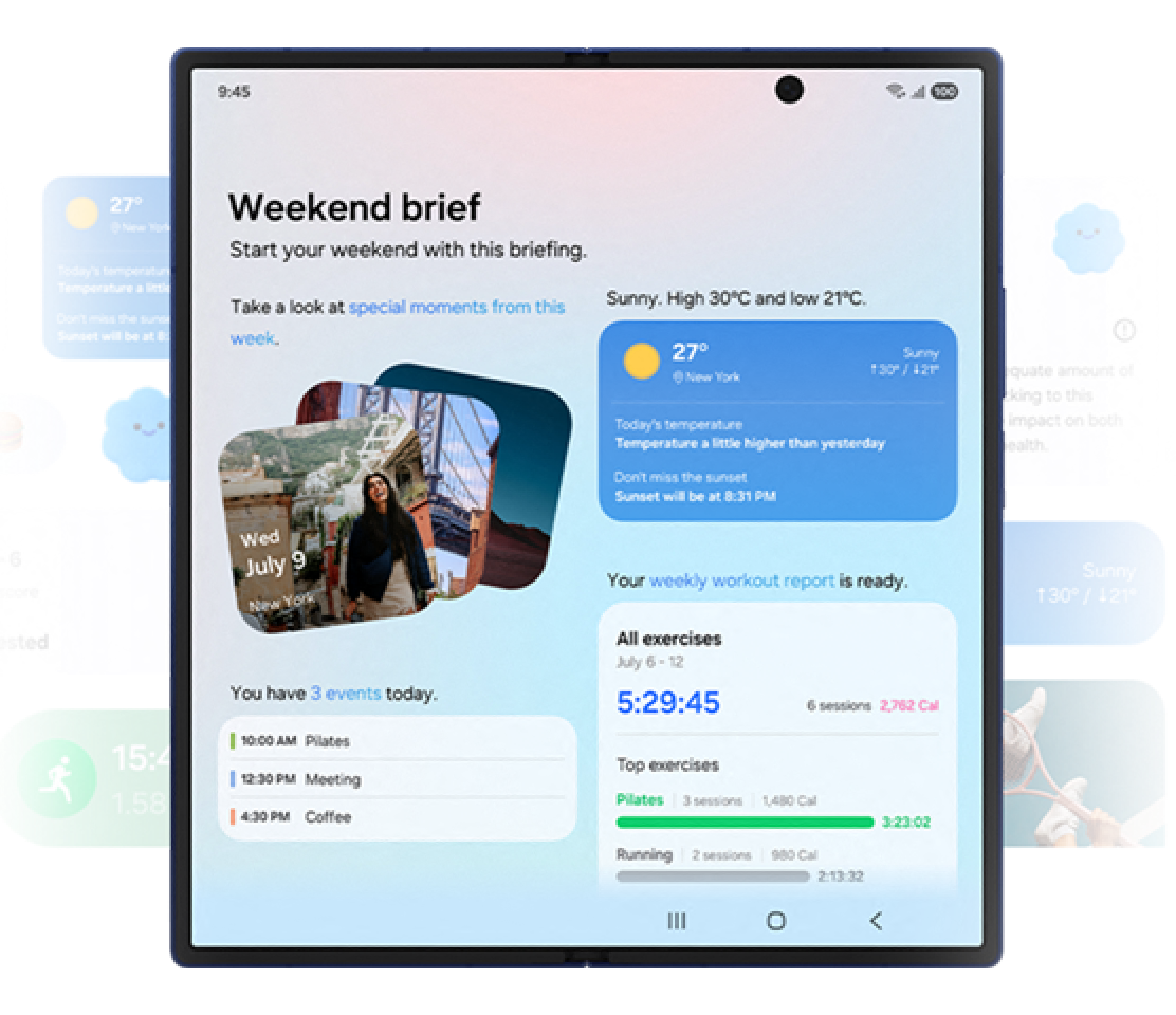 Multiple screenshots of the now brief feature, showing different summaries of weather, exercise reports, photos and calendar events