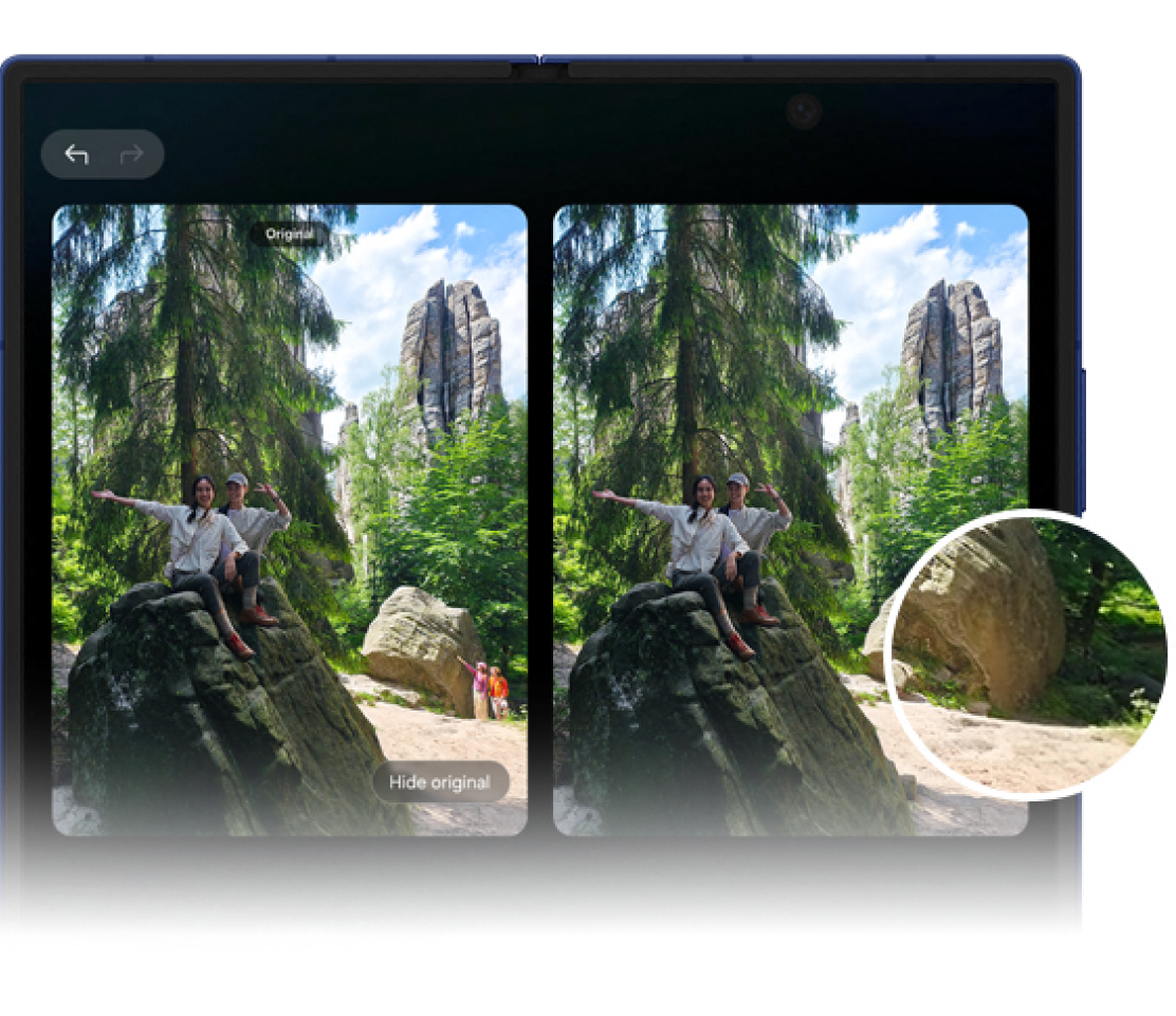 A screenshot of two photos on the fold7's large internal screen to highlight the object removal feature of Photo Assist