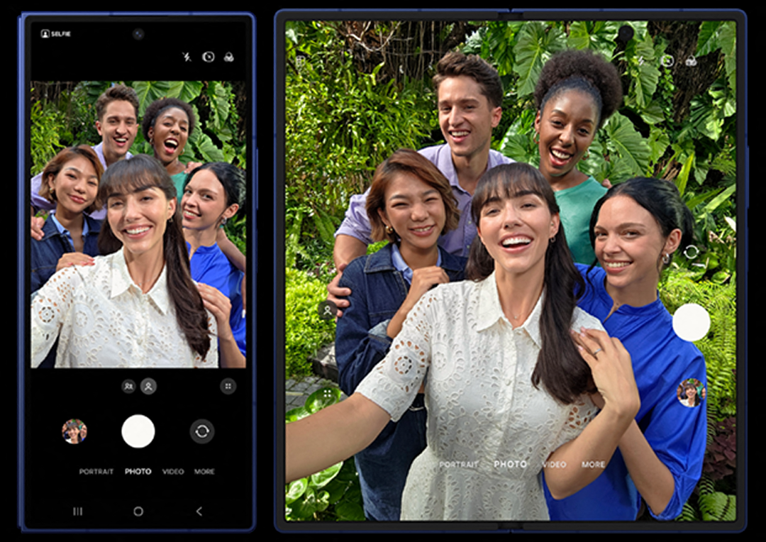 A composite image showing a selfie of a group of 5 friends taken on the cover camera and under-display camera when open fully