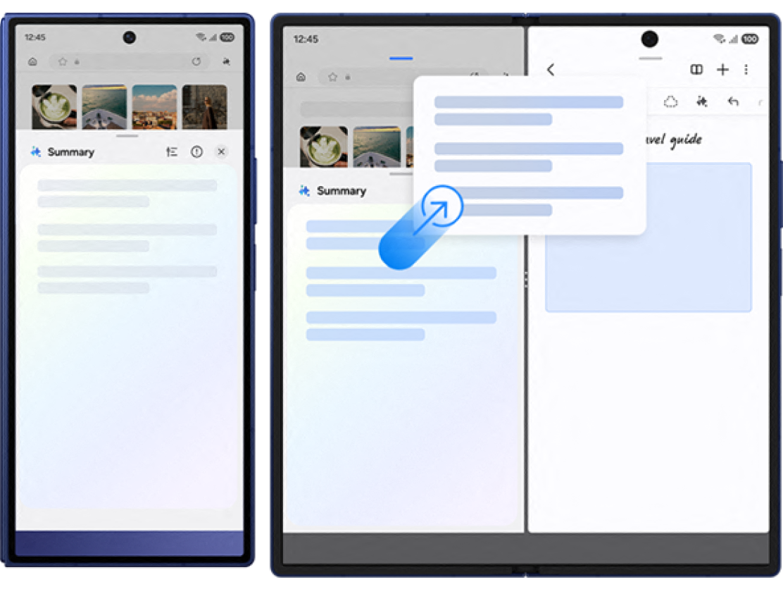 Multiple screenshots of the writing assist feature in action, showing a block of text with alternate suggestions