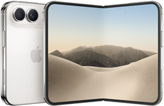 iPhone Duo, folded back exterior, Star White colour, Dual Fusion camera system at top left, Apple logo in centre. Unfolded interior display, all-screen design, rounded corners