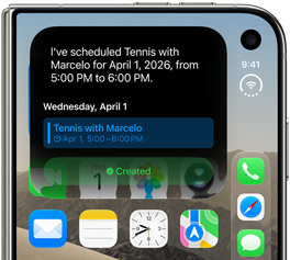 iPhone Duo, folded, outer display shows Siri AI notification indicating a calendar update