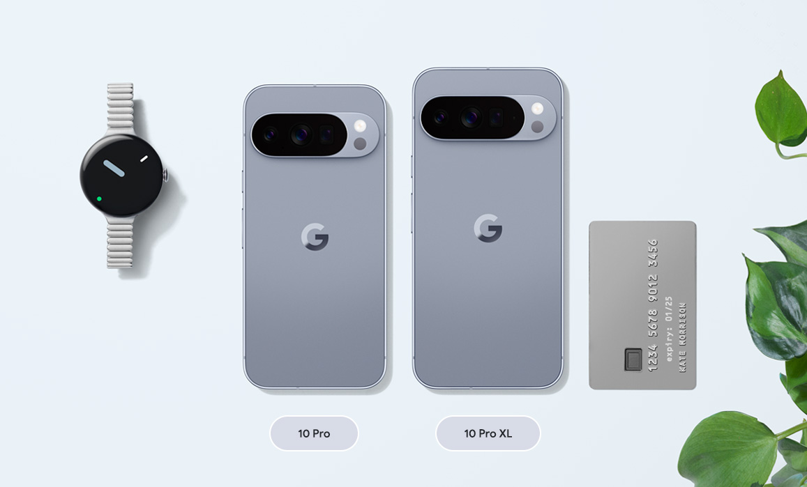 Image showing 2 sizes of Pixel 10 Pro, next to a Pixel Watch 3 and a credit card for size comparison
