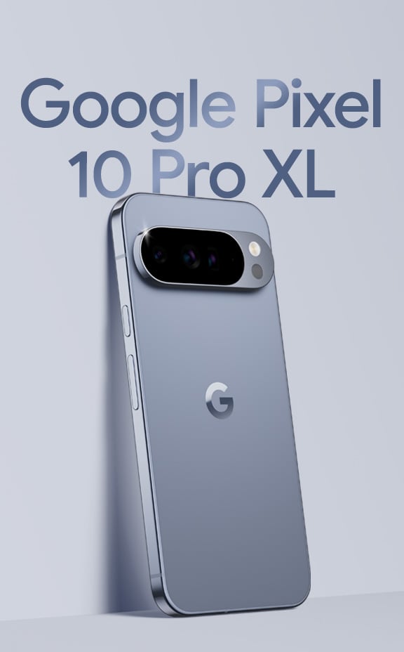 Google Pixel 10 Pro XL in Moonstone leaning against a wall