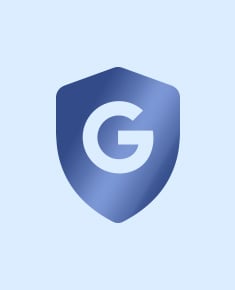 A simple, metallic blue shield representing Google's security or protection features
