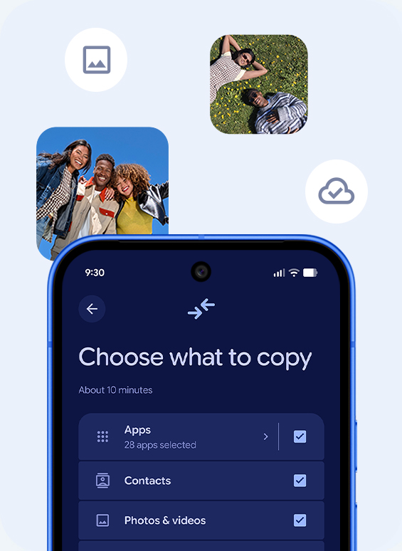 A smartphone screen showing data being selected for transfer, including apps, contacts, and photos