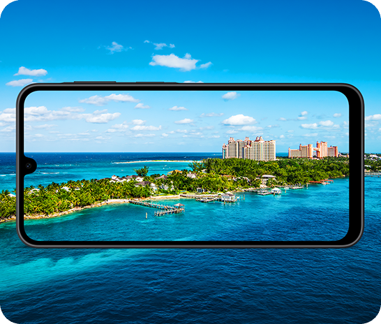 Galaxy A18 framing a vast waterfront view using the 5 MP Ultra Wide Camera.