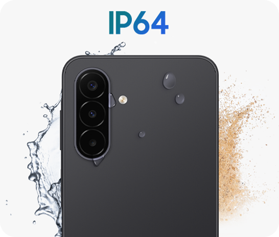 'Galaxy A18 in Black shown from the back with water splashes and dust around it to highlight the IP64-rated protection.