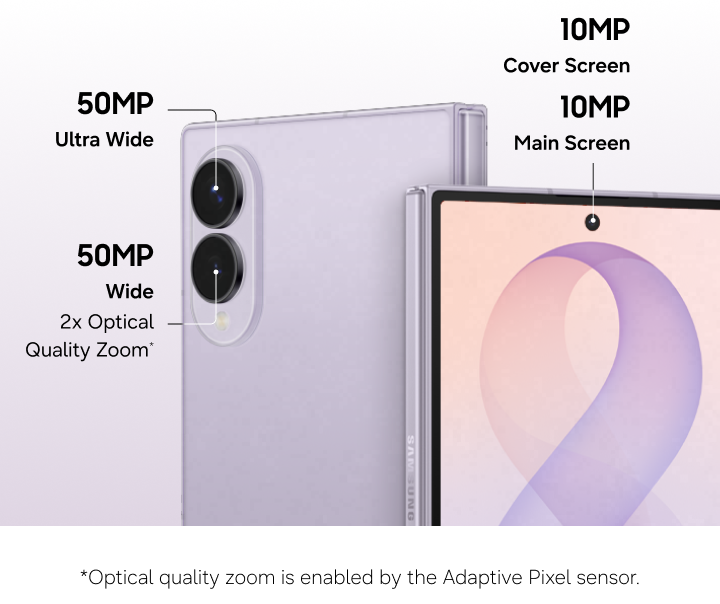 An image of the front and back of the Fold8 showing the camera specifications