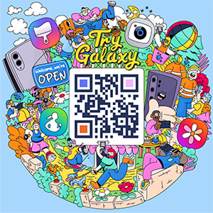 A virtual cartoon world with a variety of icons and in the middle is a QR code for Try Galaxy