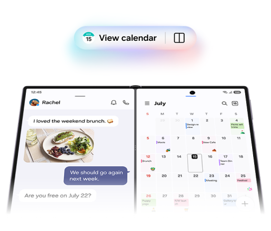 The Fold8 unfolded showing a split screen of a chat window on one and the calendar on the other.