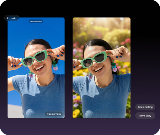 2 images of a woman wearing sunglasses. The 2nd image using Photo Assist to apply filters and background enhancements