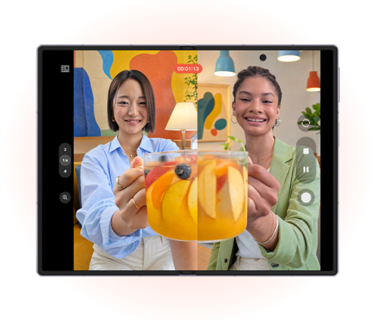 An image of 2 women holding a cup and showing the dual recording feature