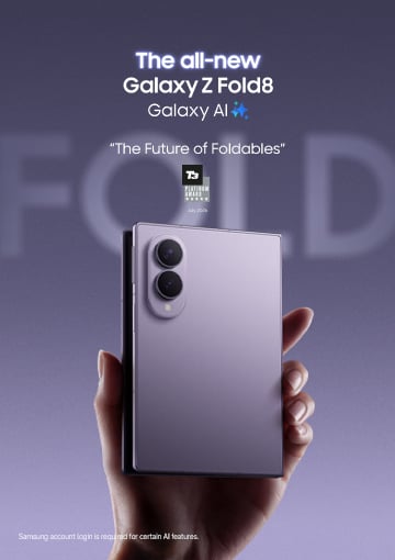 Promo image for the Fold8 device showing someone holding the phone and an award symbol.