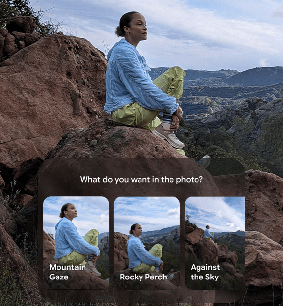 Lifestyle image of a female sitting on a mountain side with Camera Coach screen overlay.