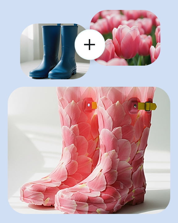 Close up of a pair of Wellington boots in teal colour. Abstract image of close up of tulip flowers in pink colour. Close up of a pair of Wellington boots in floral pattern.